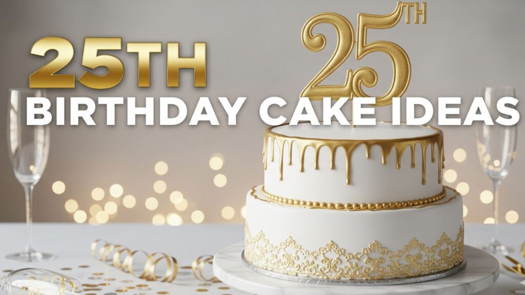Elegant 25th birthday cake with gold topper and confetti, featuring bold text overlay that reads ‘25th Birthday Cake Ideas’ — perfect for milestone celebration inspiration.