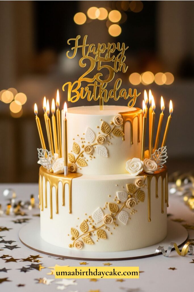 A stunning, high-quality photo of a stylish 25th birthday cake with candles and decorations.