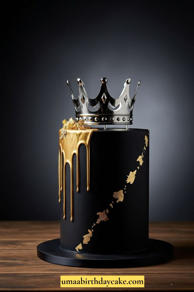 A dramatic matte black buttercream cake with gold leaf accents, gold drip, and a metallic crown topper. Styled on a dark moody background for a luxe effect.