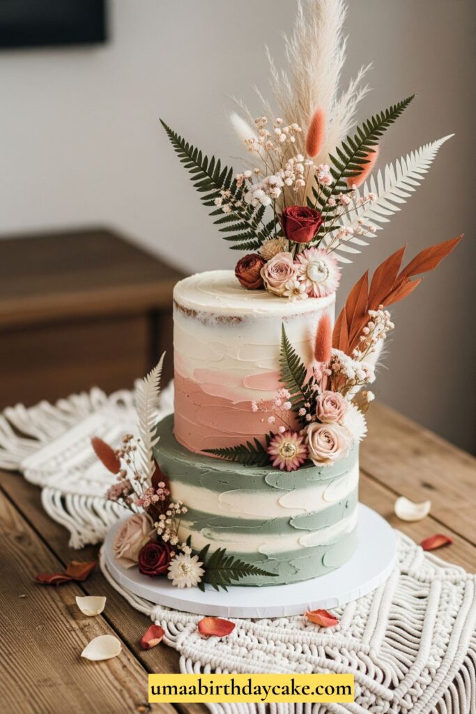 A bohemian-style cake decorated with muted buttercream, dried flowers, pampas grass, and earthy tones. Styled on a rustic wooden table with a macrame cloth.
