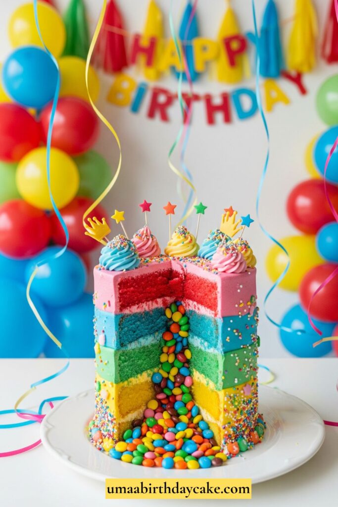 A tall, colorful birthday cake sliced open with candy and sprinkles spilling out. Bright party setup with balloons and streamers for a playful look.