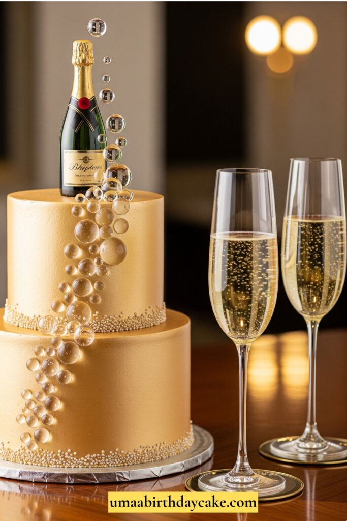 A champagne-colored buttercream cake with sugar bubbles cascading down the sides, topped with a mini champagne bottle. Gold sprinkles around the base, elegant glassware nearby.