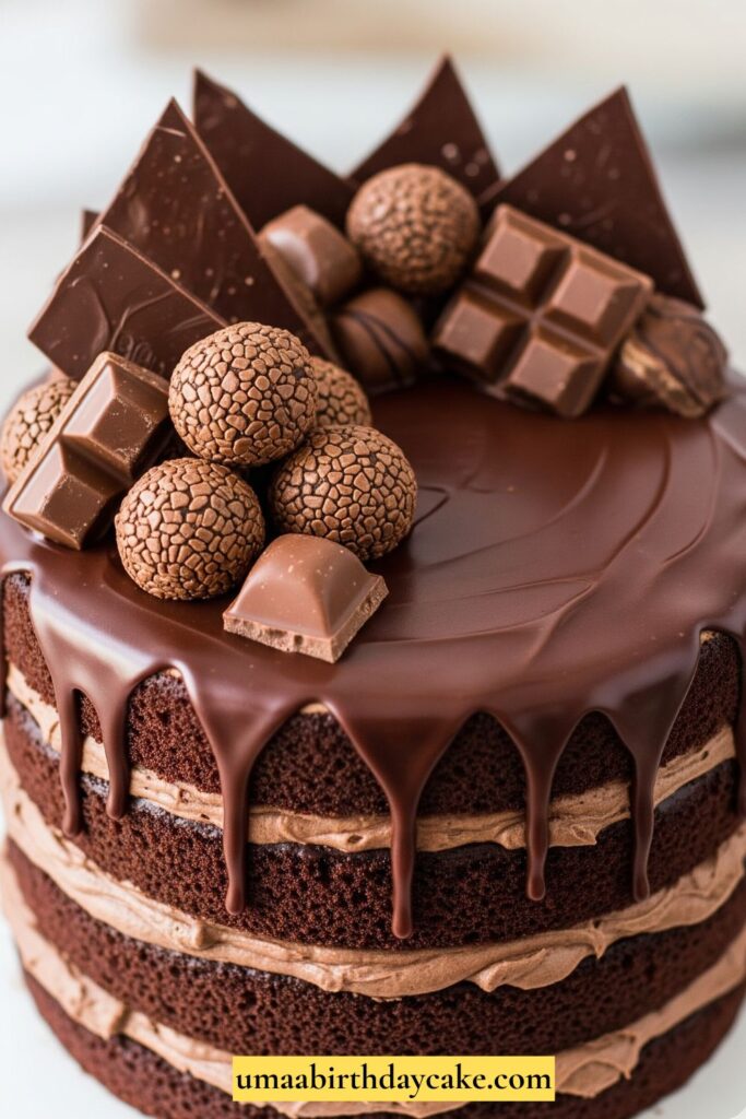 A decadent chocolate drip cake with multiple layers, topped with chocolate bars, truffles, and shards of chocolate. Glossy ganache drips down the sides, indulgent close-up shot.
