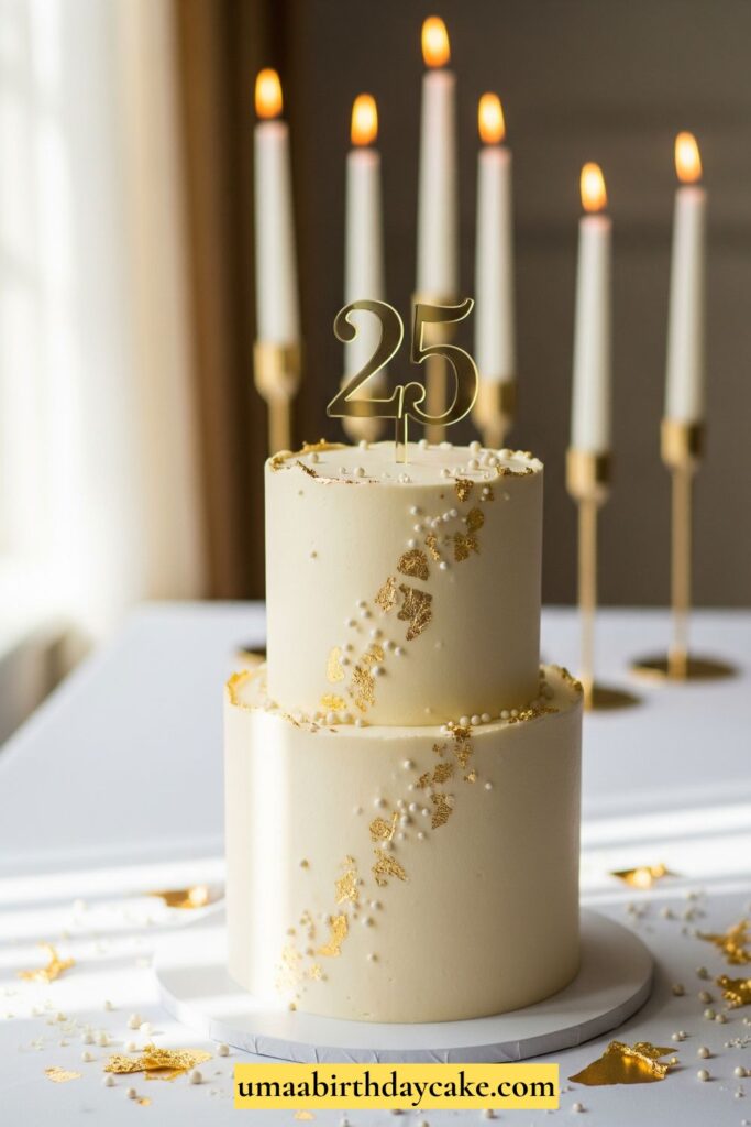 A tall, two-tier birthday cake with smooth ivory buttercream, decorated with delicate gold leaf accents and tiny pearl sprinkles, topped with a metallic “25” topper. Elegant table setting with candles in the background, soft natural light.