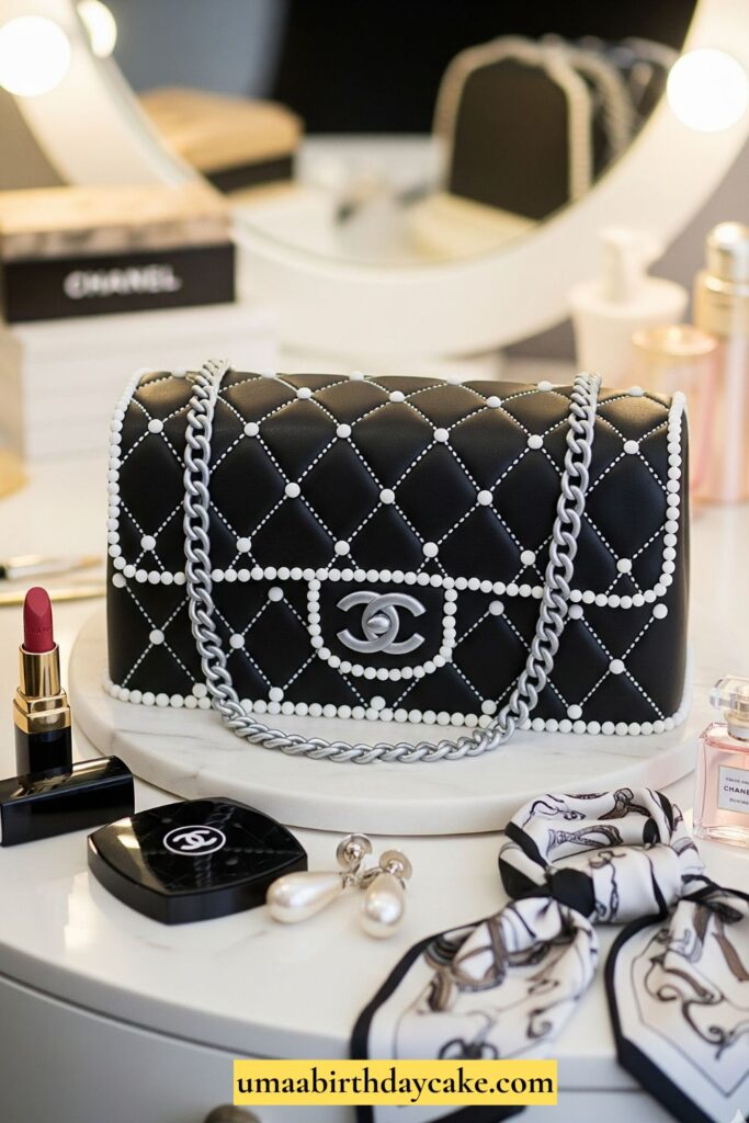 A designer-inspired birthday cake shaped like a Chanel handbag with edible details, luxury fashion aesthetic, styled with makeup and accessories nearby.