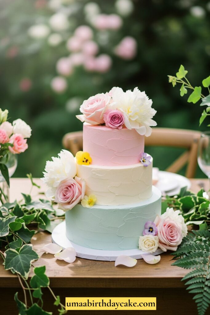 A pastel buttercream cake decorated with fresh roses, peonies, and edible blossoms. Soft, romantic garden-party setting with greenery and a rustic wooden table.
