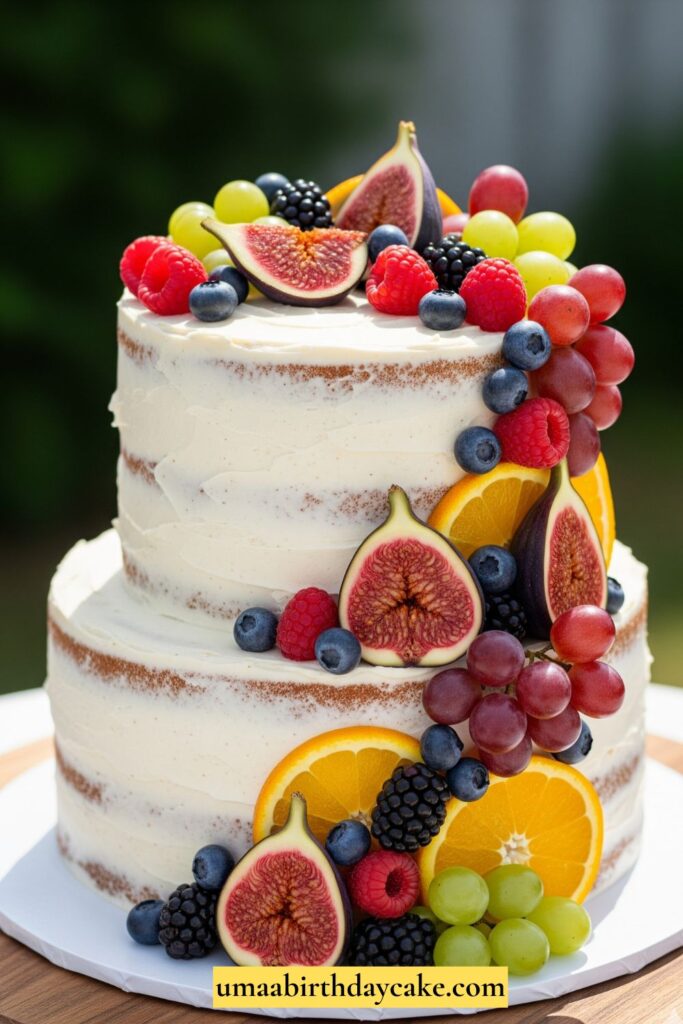 A rustic buttercream cake loaded with fresh berries, figs, orange slices, and grapes cascading down the side. Bright natural lighting, styled with a summer vibe.