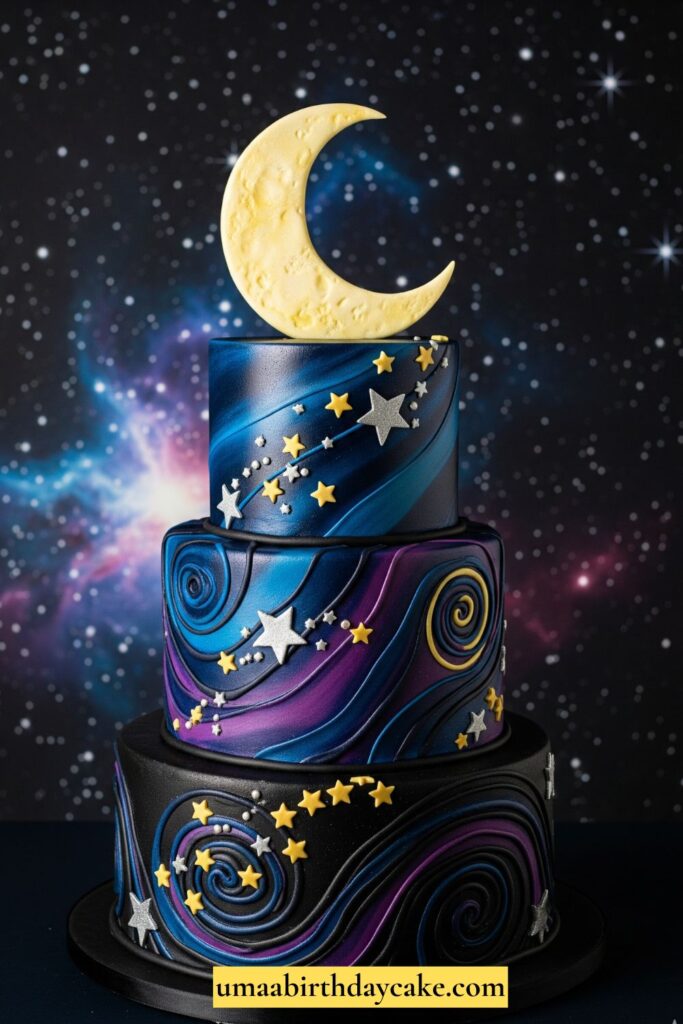 A cosmic-themed cake decorated with navy, purple, and black swirls, topped with edible glitter stars and a sugar moon. Dark starry background with glowing lights.