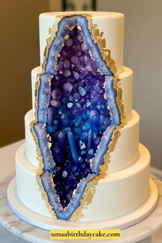 A statement geode cake with a carved-out section filled with sparkling edible crystals in shades of purple and blue. Metallic accents on edges, styled on a marble cake stand.