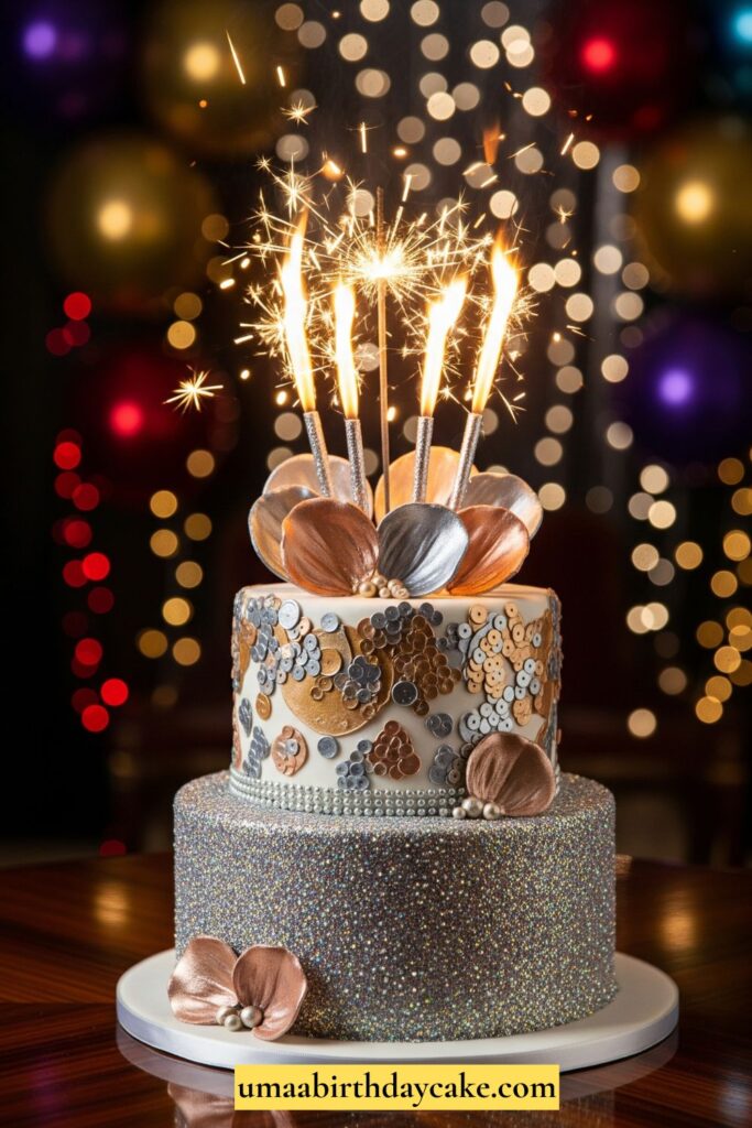 A shimmering birthday cake covered in edible glitter, sequins, and metallic fondant. Sparkler candles lit on top, glamorous party backdrop with bokeh lights.