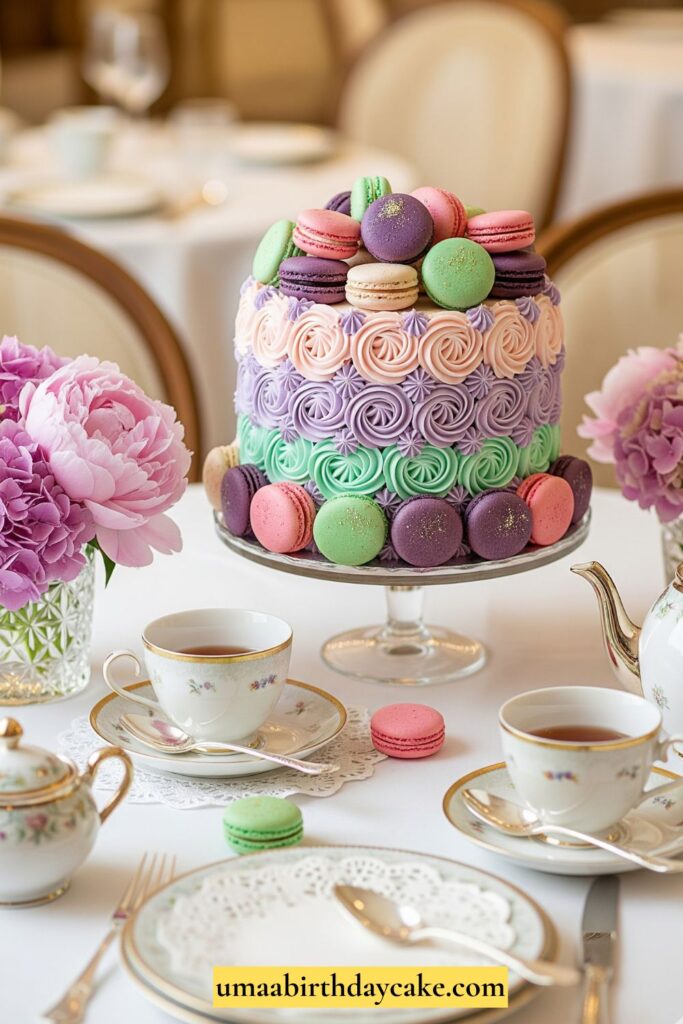 A pastel buttercream cake topped with colorful French macarons in shades of pink, purple, and green. Elegant Parisian-inspired table setup with teacups nearby.
