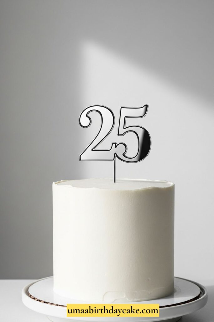 A clean, single-tier white buttercream cake with sharp edges, topped with a bold silver “25” topper. Minimalist modern backdrop with soft shadows, simple and chic presentation.