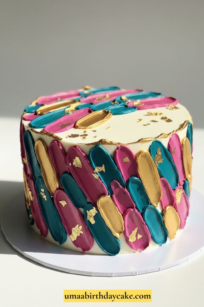 A colorful abstract cake with bold brush strokes of buttercream in pink, teal, and gold, accented with edible metallic leaf. Styled like modern art on a clean backdrop.