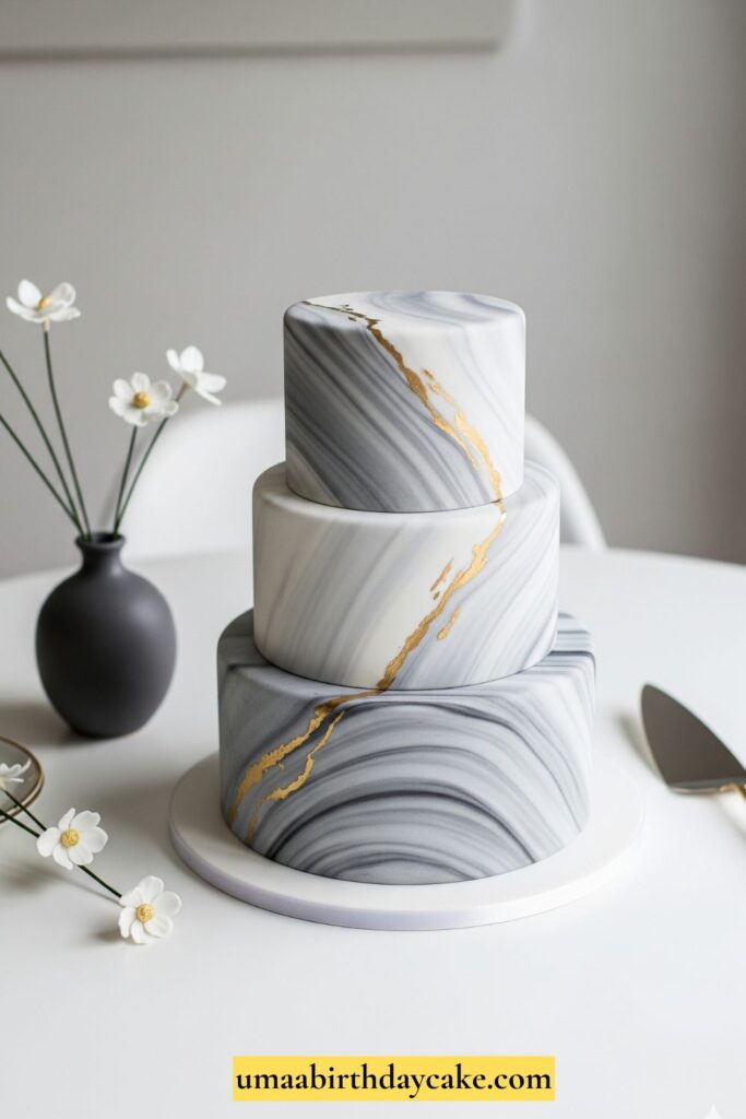A sleek fondant cake with marble texture in gray and white, accented with metallic gold streaks. Styled with minimal modern decor on a white table.
