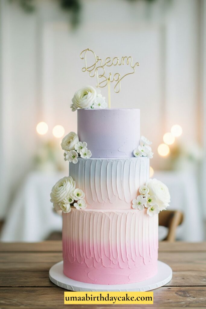 A tall cake with pastel buttercream fading from pale pink at the bottom to lavender at the top. Decorated with soft white flowers and a delicate topper, dreamy aesthetic.