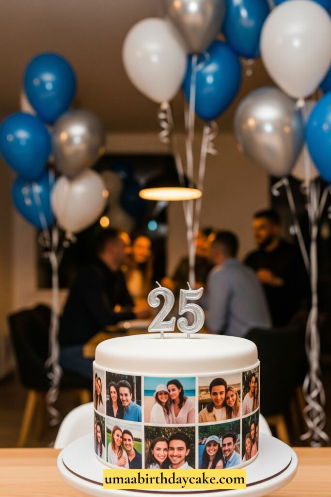 A white fondant cake decorated with edible printed photos around the sides, topped with a simple “25” candle. Casual indoor party setup with balloons in the background.