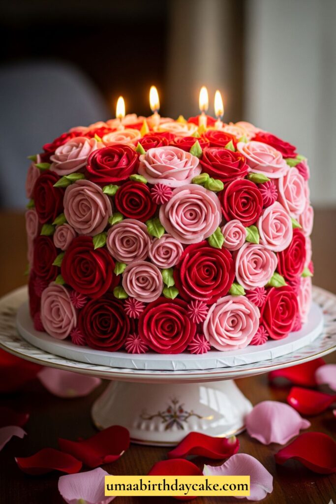 A birthday cake completely covered in piped buttercream roses in shades of pink and red, resembling a bouquet. Styled with romantic lighting and rose petals on the table.