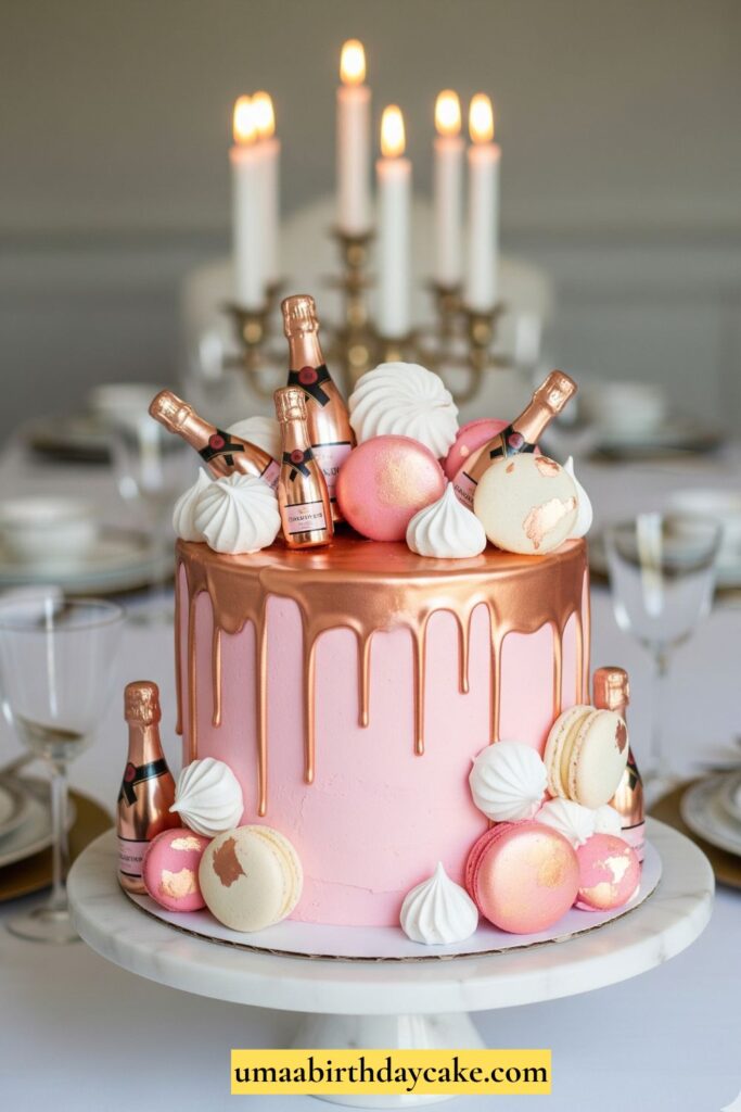 A pastel pink buttercream cake with shiny metallic rose gold drip down the sides, topped with macarons, meringues, and tiny champagne bottles. Styled on a marble cake stand, Instagram-worthy aesthetic.
