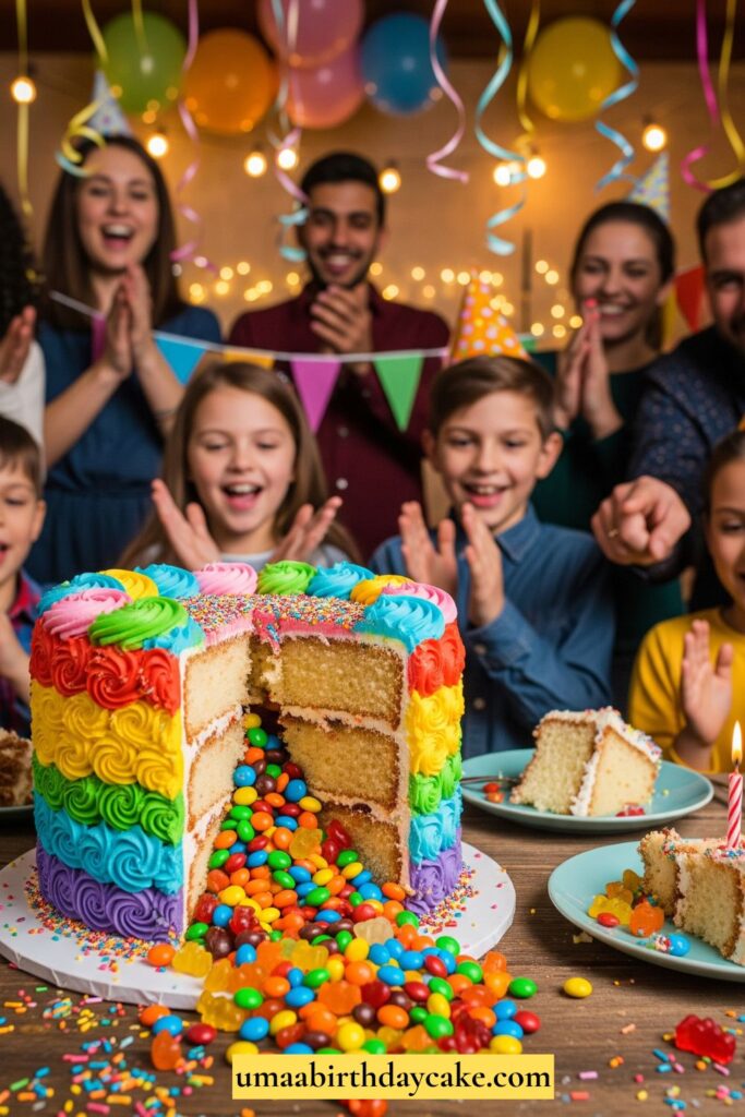 A birthday cake cut open to reveal hidden candy inside, sprinkles spilling onto the table. Guests in the background clapping or smiling, festive atmosphere.