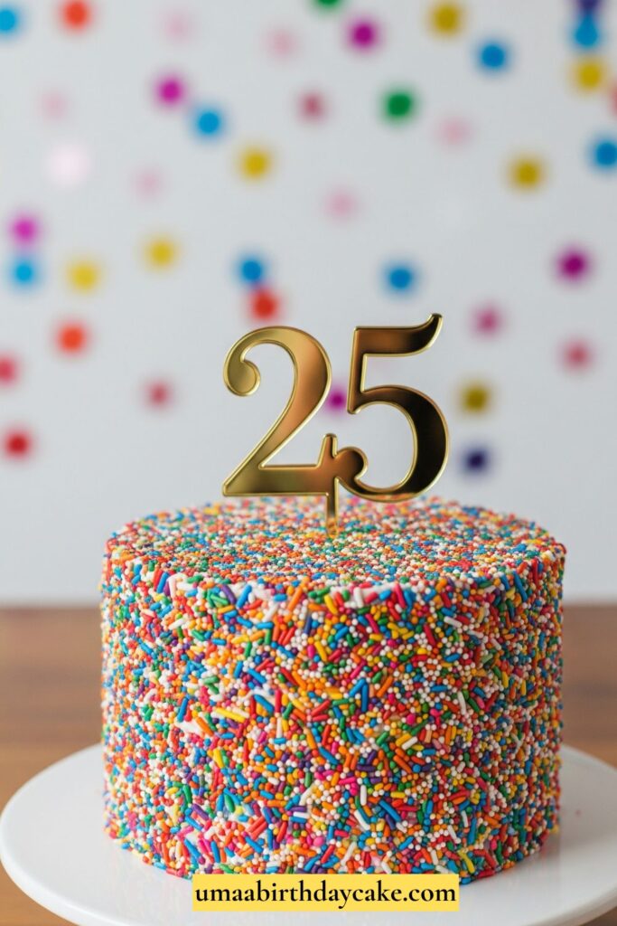 A fun birthday cake completely covered in rainbow sprinkles, topped with a shiny gold “25” topper. Bright playful setup with confetti in the background.