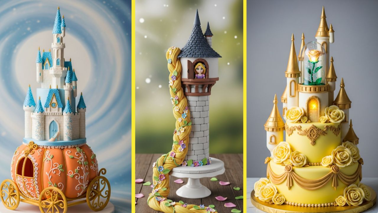 Three Easy Disney Princess Castle cakes decorated with colorful castles, showcasing unique designs and vibrant frosting.