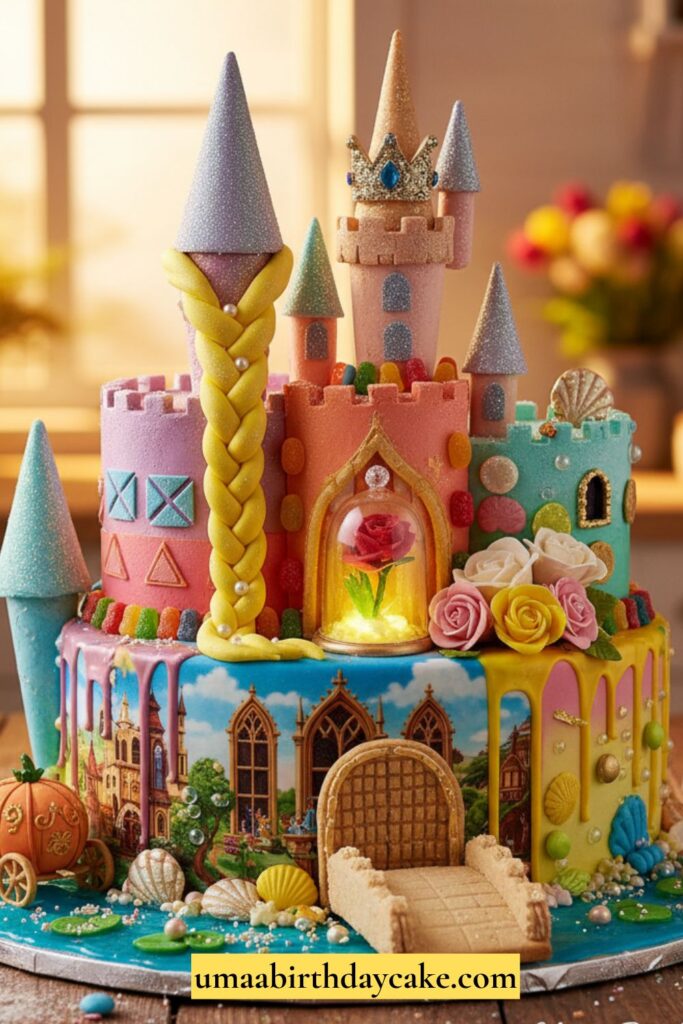 A beautifully decorated cake showcasing a castle and a princess, adorned with vibrant icing and charming details.