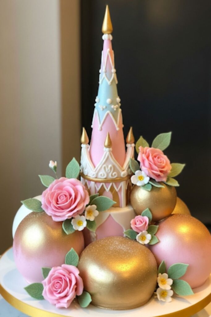 A tall, elegant cake resembling Sleeping Beauty's castle spire, decorated in pink and gold.