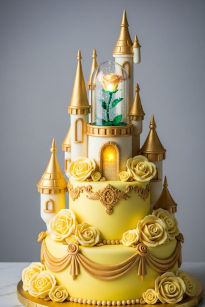 A Beauty and the Beast-themed cake with yellow and gold frosting, decorated with edible roses.