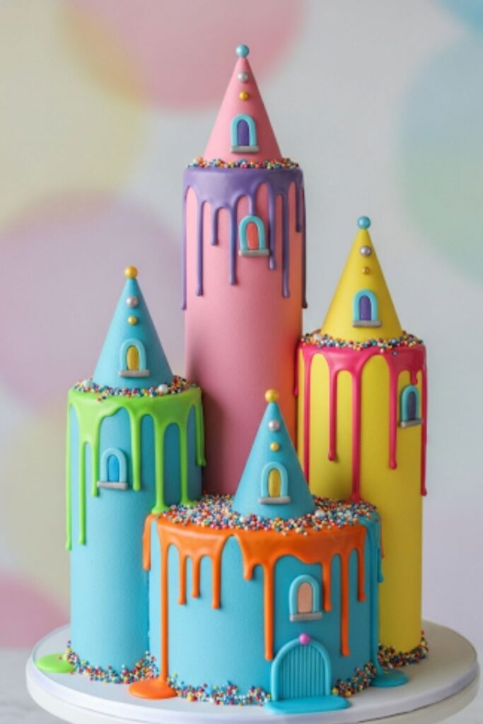A castle cake with a playful, colorful candy melt drip effect.