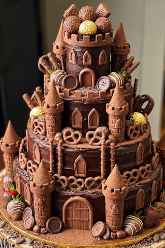 A rich chocolate-themed castle cake, decorated with chocolate candies.