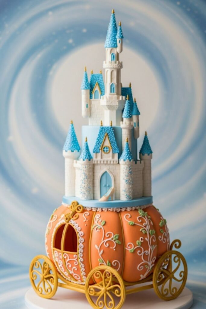 A Cinderella-themed castle cake with a pumpkin carriage made from cake.