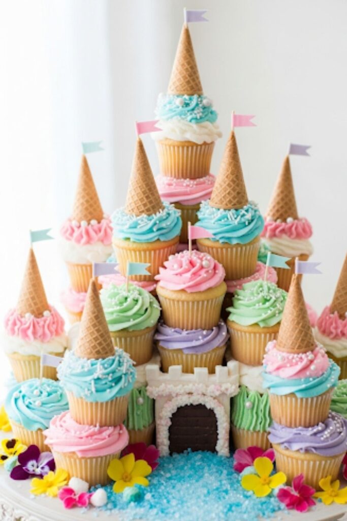 A large castle cake made entirely from a collection of decorated cupcakes.