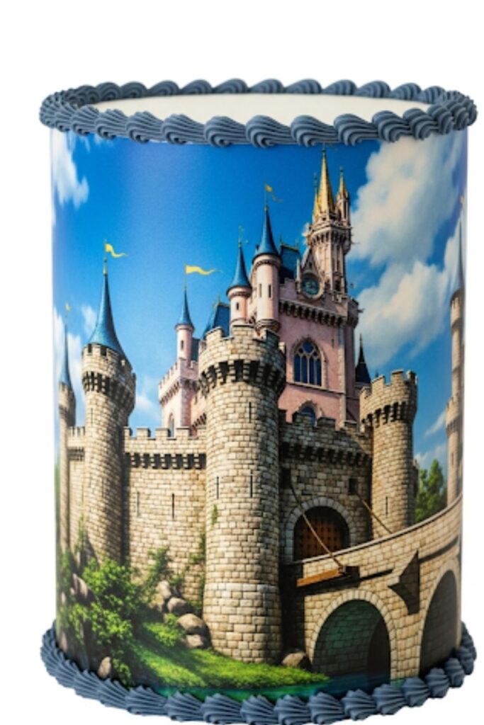 A cake wrapped with an edible image of a castle scene.