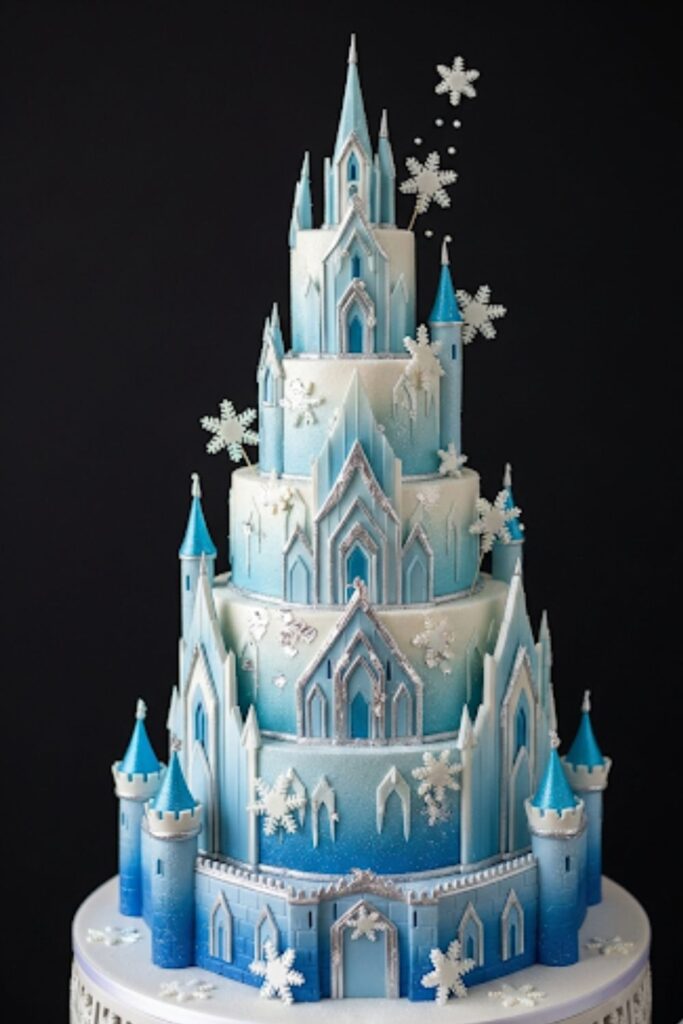 A Frozen Arendelle ice castle cake decorated with glitter and snowflakes.