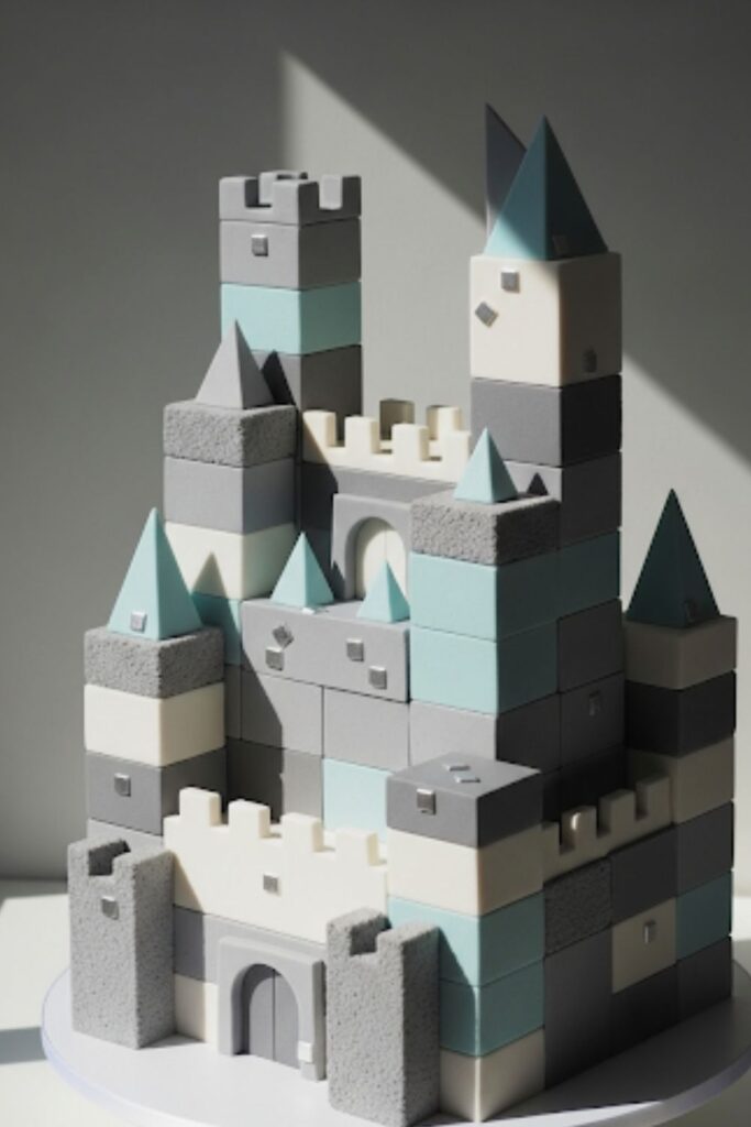 A modern, geometric castle cake made from stacked cake blocks.