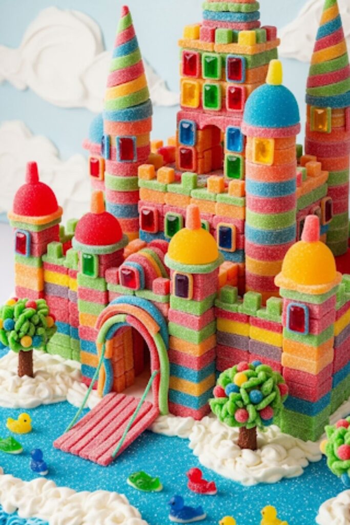 A castle cake decorated entirely with colorful gummy candies.