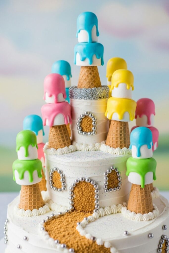 A castle cake with colorful marshmallow tops on the turrets.