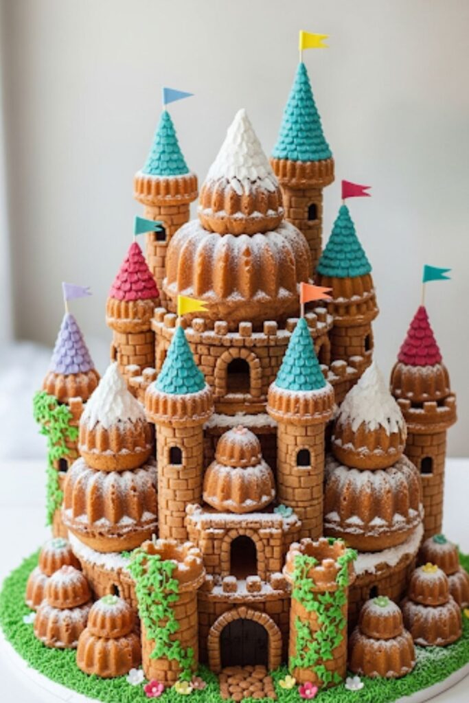 A unique castle cake constructed from several mini bundt cakes.