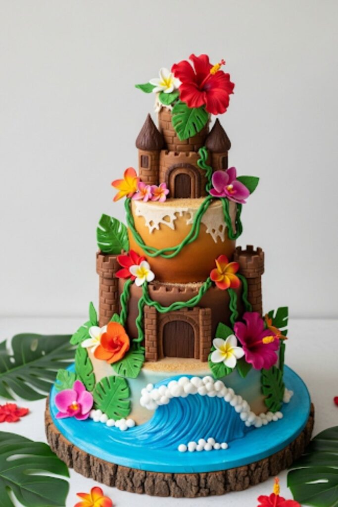 A Moana-themed castle cake with tropical flowers and a wave at the base.