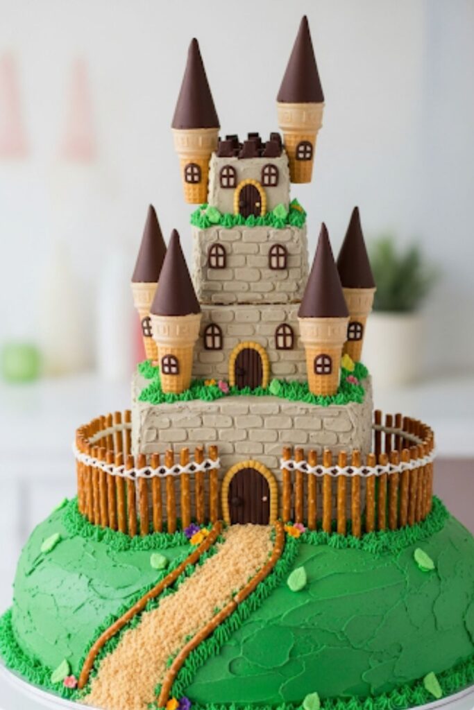 A castle cake with a fence made from pretzel sticks.