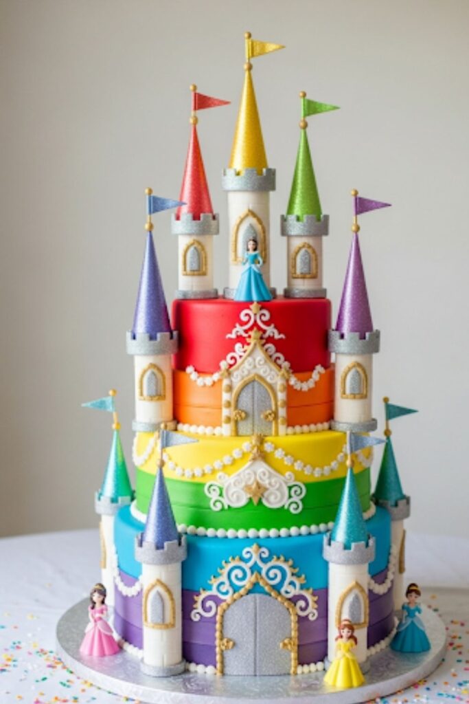 A colorful, multi-tiered castle cake with each section in a different rainbow color.