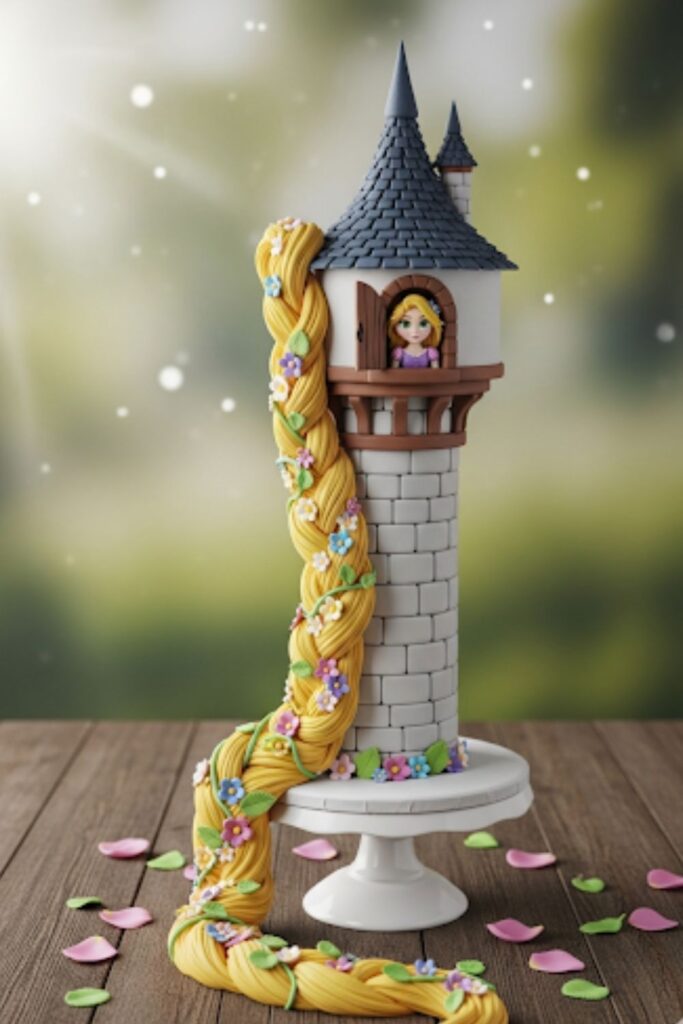A tall, slender cake designed as Rapunzel's tower with a long yellow braid.