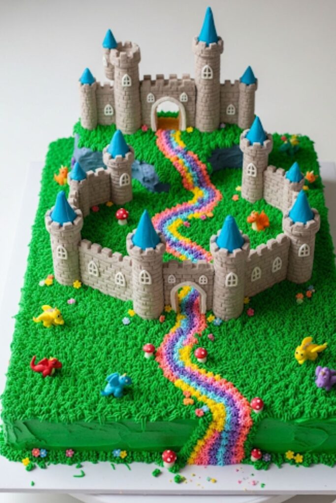 A rectangular sheet cake decorated to resemble a castle with walls and towers.