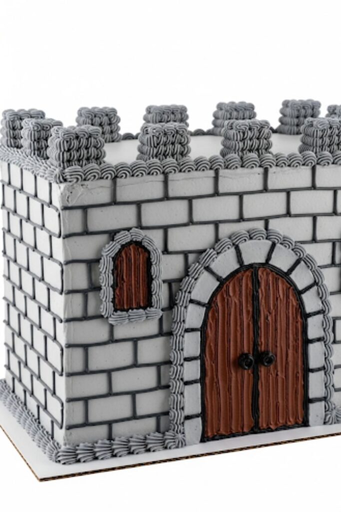 A simple, rectangular cake with a castle facade design on the front.