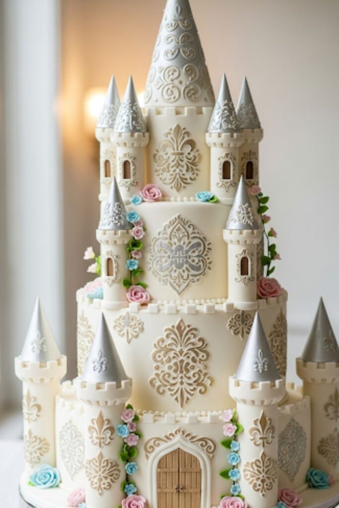 A castle cake with intricate stenciled patterns on the walls.