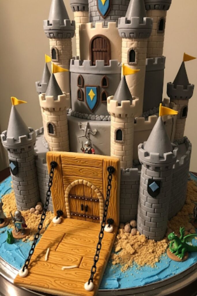 A castle cake with a sugar cookie drawbridge.