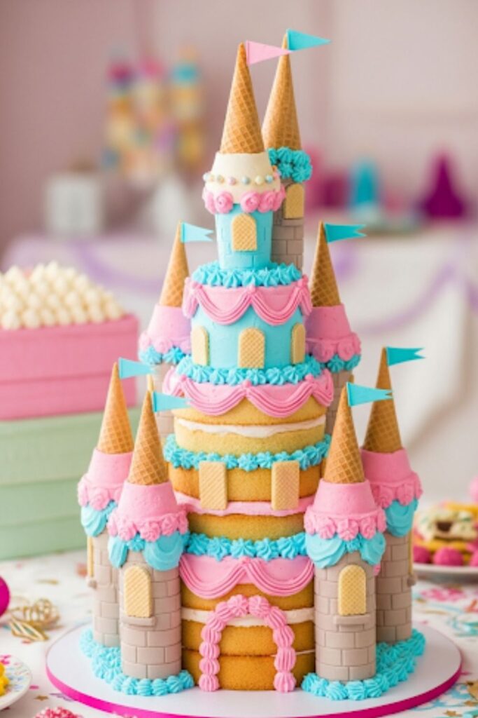 A multi-tiered Disney princess castle cake with turrets made from stacked cake layers and ice cream cones.