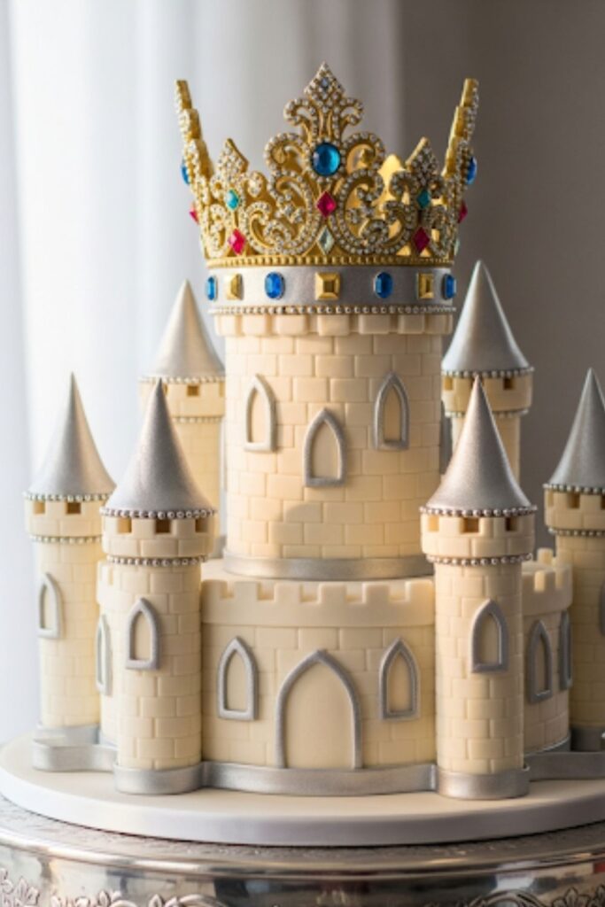 A castle cake with a large, decorative edible crown on top.