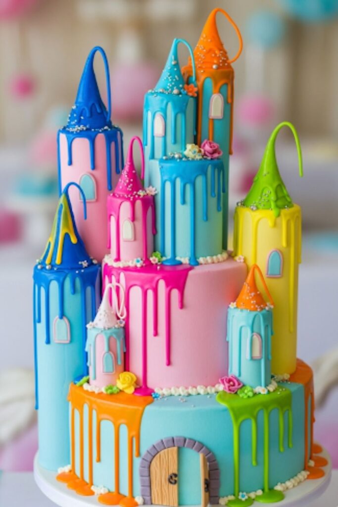 An elegant cake with a simple castle silhouette against a vibrant sky.