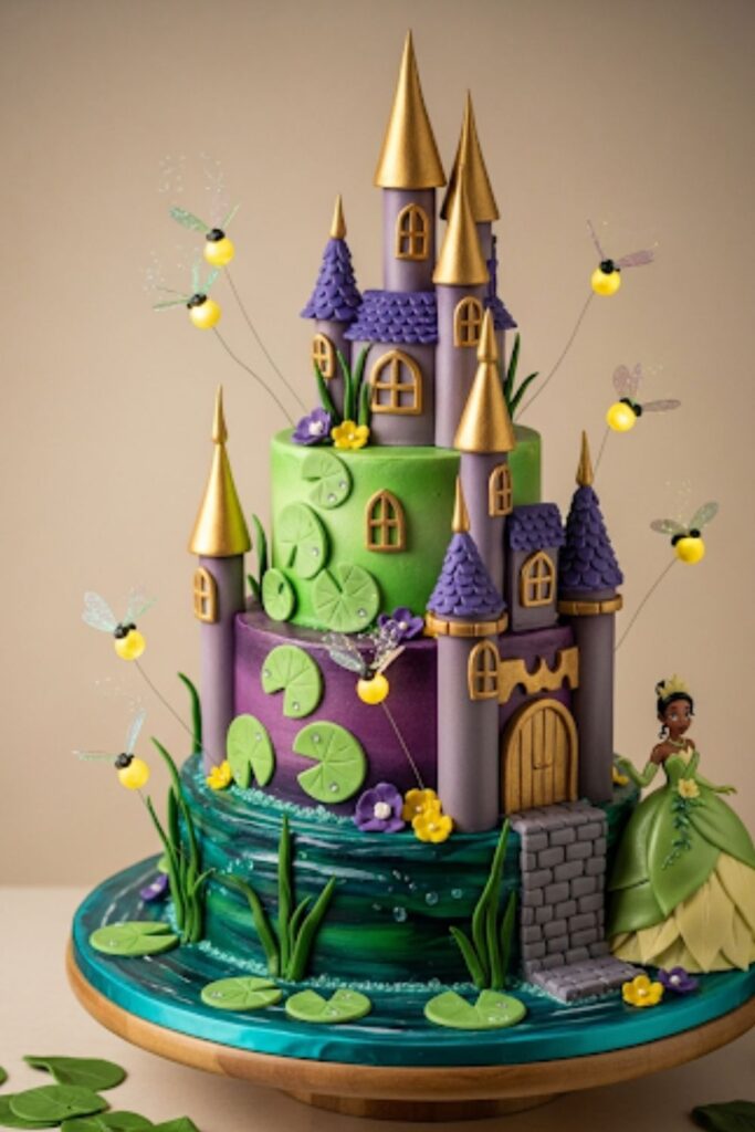 A Princess and the Frog-themed castle cake with lily pads and bayou-inspired decorations.